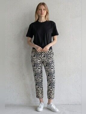 Anne Fontaine Rio Black & Silver Metallic Brocade Pants Size 44